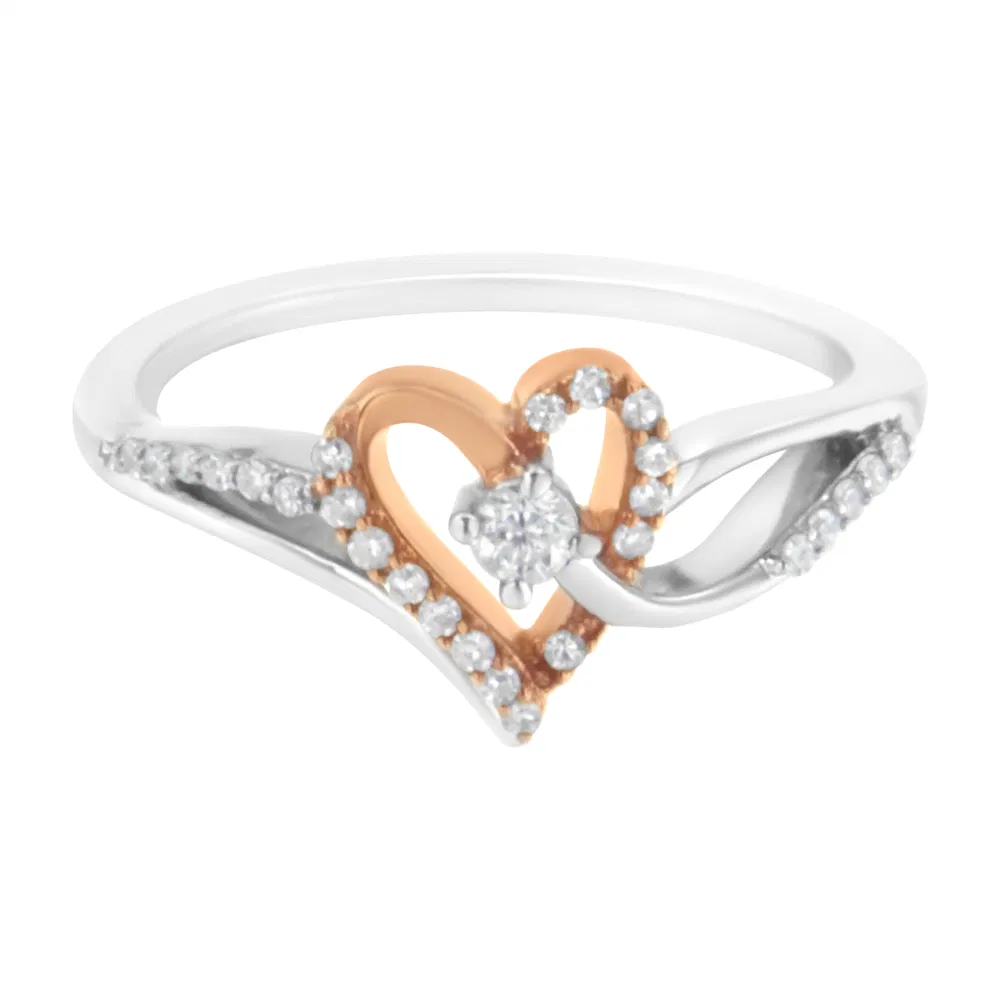 10K Rose Gold Plated .925 Sterling Silver 1/5 Cttw Diamond Two Tone Open Heart Promise or Fashion Ring (I-J Color, I2-I3 Clarity) - Grocery