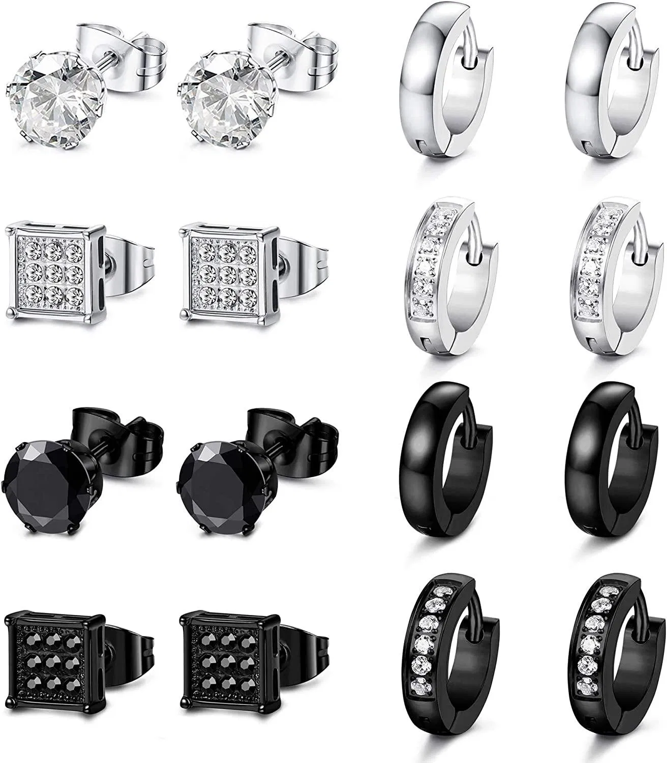 8 Pairs Stainless Round Square Stud Earrings for Men Women Small Hoop Earrings Huggie Earrings CZ Inlaid; 6-8MM - Grocery