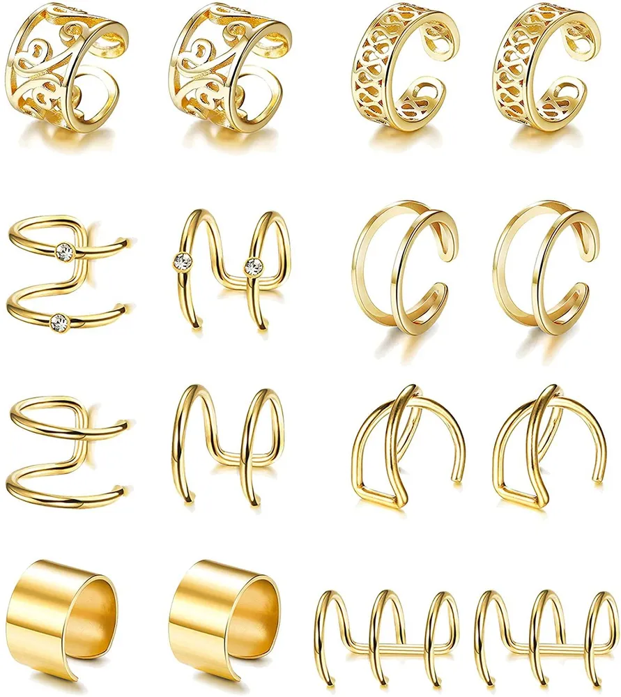 8 Pairs Gold Plated Ear Cuff Earrings for Women Adjustable Fake Clip On Cartilage Helix No Piercing Earrings Set Dainty Ear Clips - Grocery