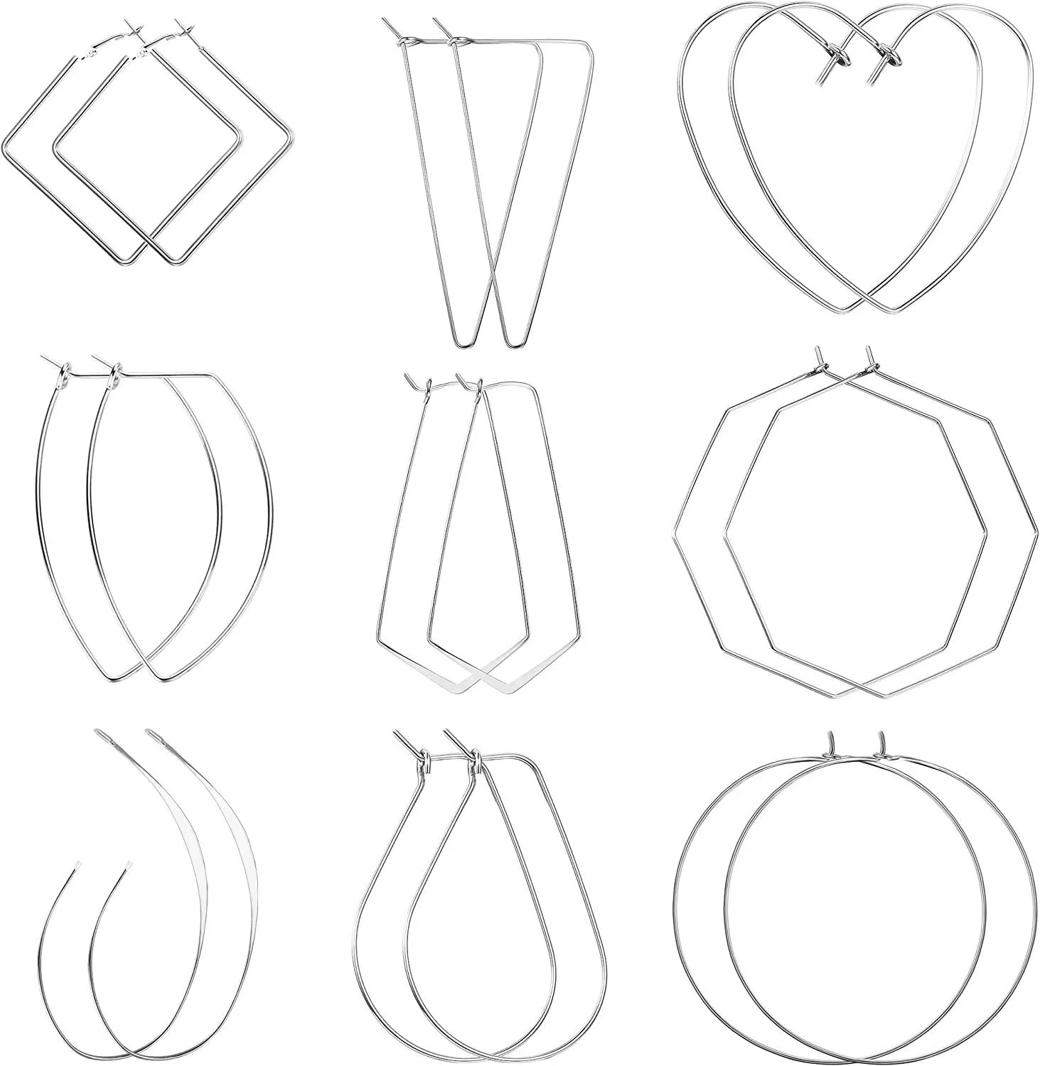 Big Hoop Dangle Earring for Women Stainless Heart Square Earring Thin Geometric Hoop Earrings Set 9 Pairs - Grocery