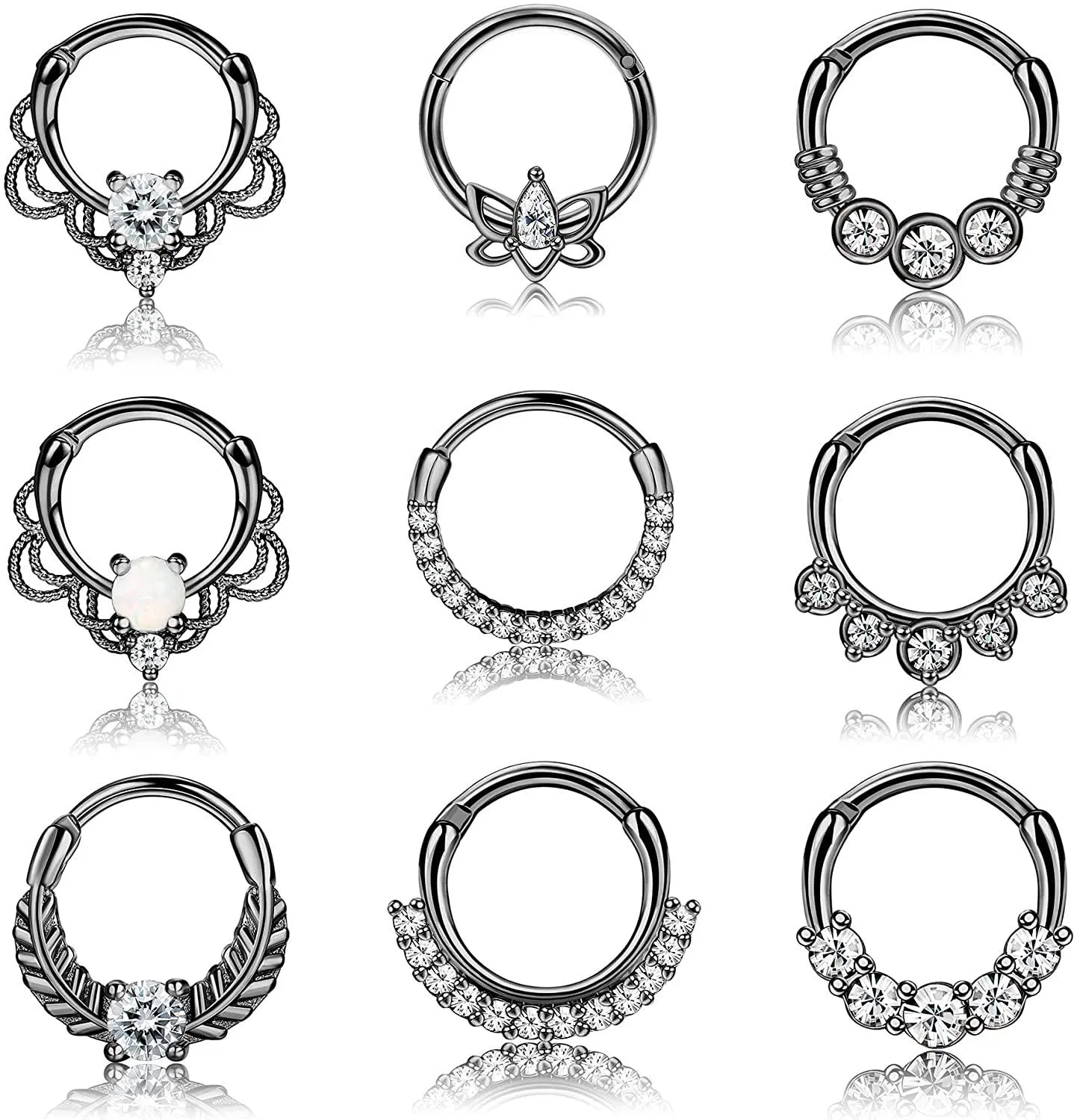 9PCS 16G Septum Rings Opal Daith Earrings Hoop Nose Rings 316L Stainless Steel CZ Cartilage Helix Tragus Earrings Septum Clicker Piercing Jewelry - Grocery
