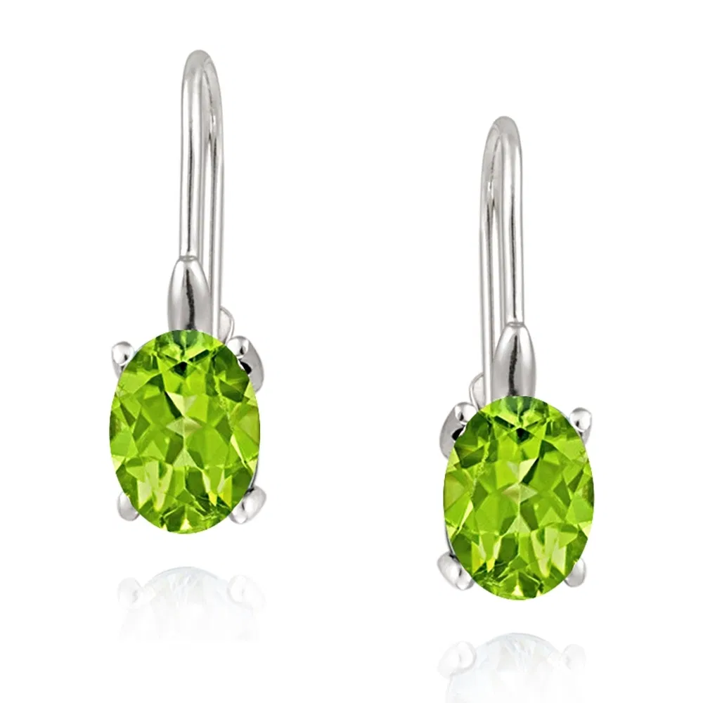Silver Genuine Peridot Stone Oval Prong Set LeverBack Lever Back Earrings - Grocery