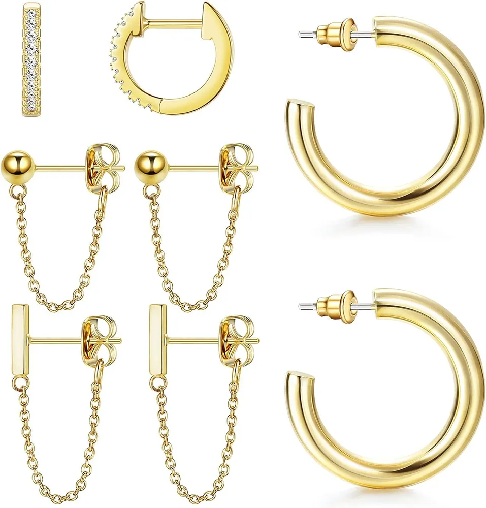 4 Pairs Chunky Open Hoop Earrings for Women Huggie Studs Chain Earrings Jewelry Set - Grocery