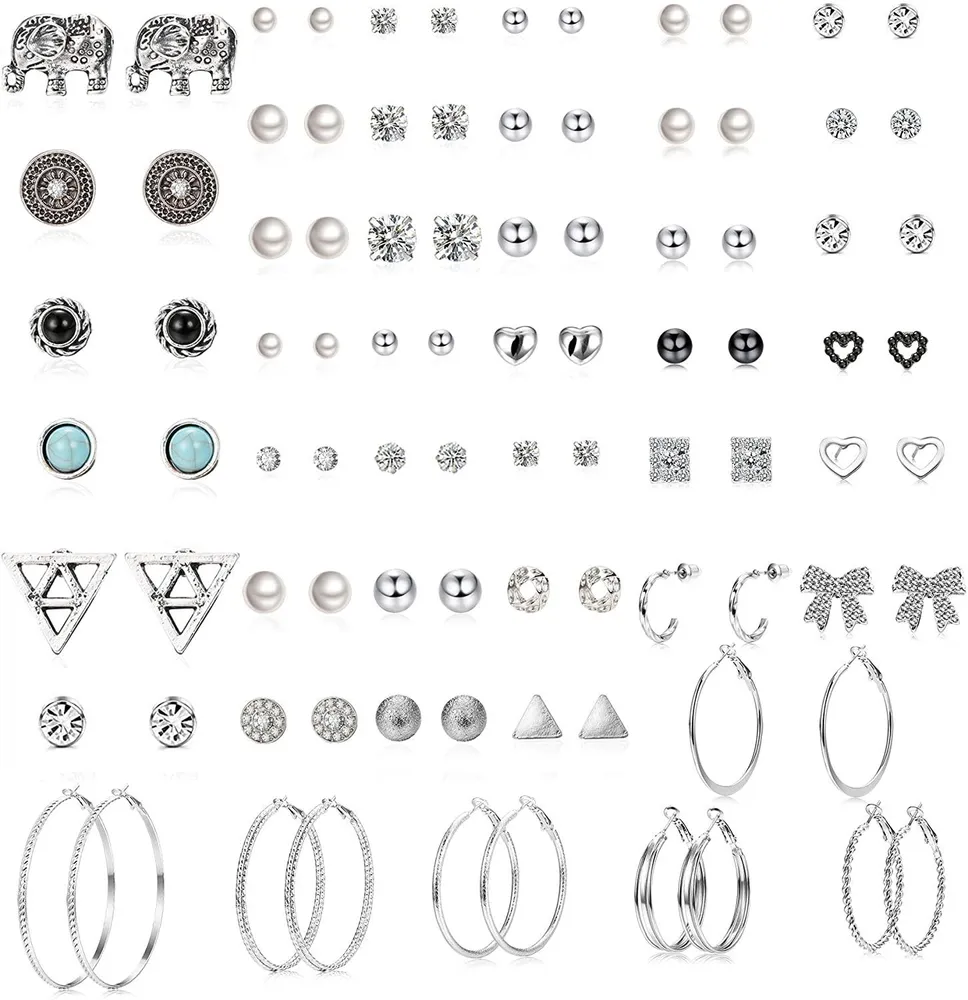 45 Pairs Assorted Multiple Stud Earrings for Women Big Hoop Earrings Silver Tone - Grocery
