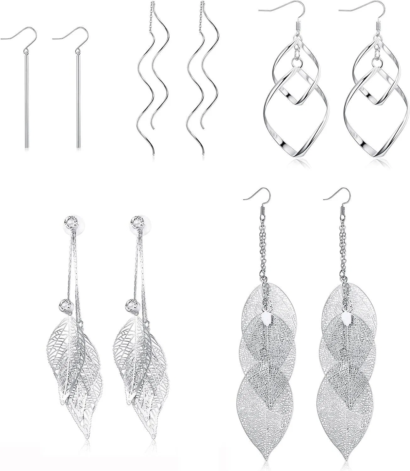 6 Pairs Wave Threader Dangle Earring Leaf Drop Earring Set for Women Long Bar Double Twist Wave Curved Threader Lightweight Earrings Set - Grocery