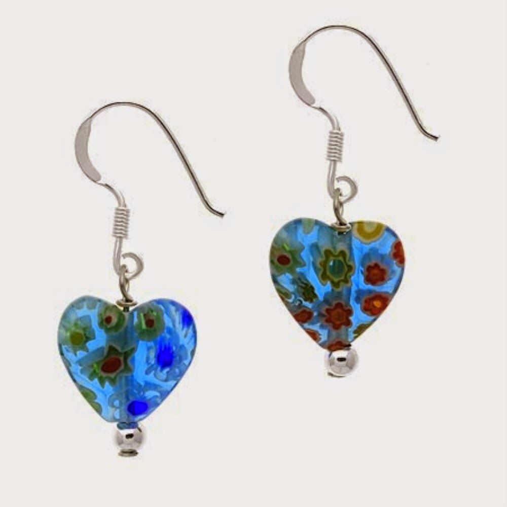 Sterling Silver Teal Millefiori Murano Glass Heart Dangle Earrings - Grocery
