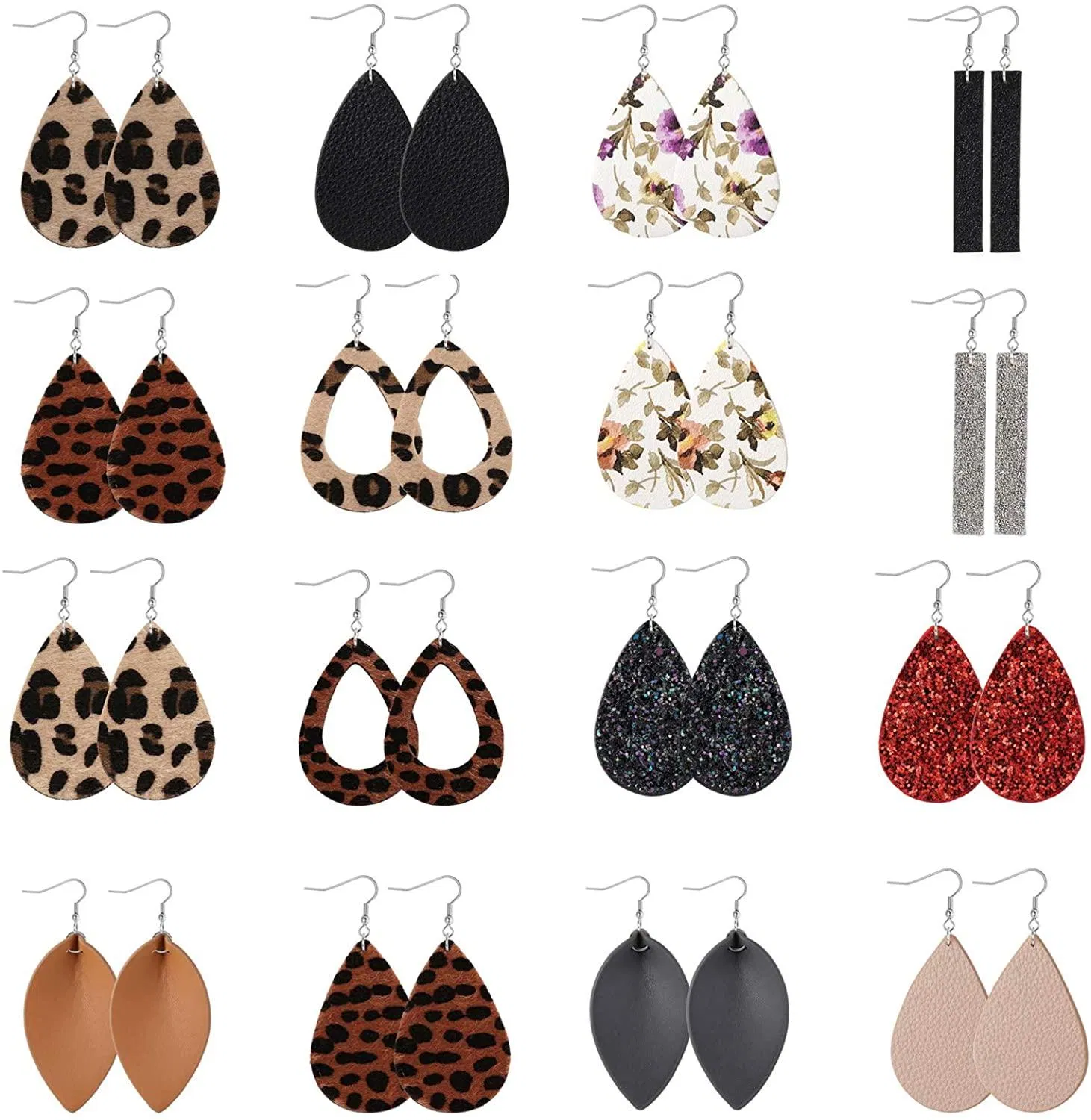 16 Pairs Leather Teardrop Dangle Earrings For Women Petal Leopard Print Leaf Drop Antique Lightweight Earrings - Grocery