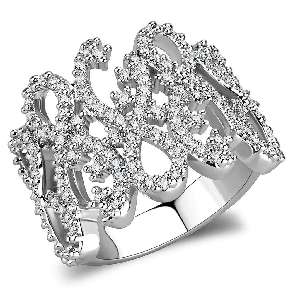 3W1443 - Rhodium Brass Ring with AAA Grade CZ in Clear - Grocery
