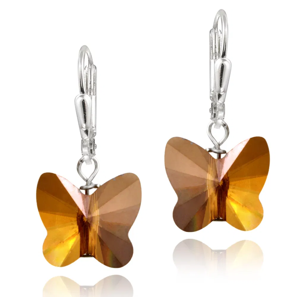 Sterling Silver Copper Swarovski Elements Butterfly Dangle Leverback Earrings - Grocery