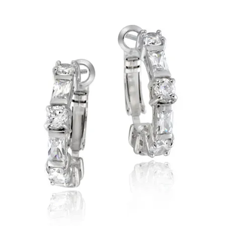 Sterling Silver Round & Rectangle CZ Half Hoop Earrings - Grocery