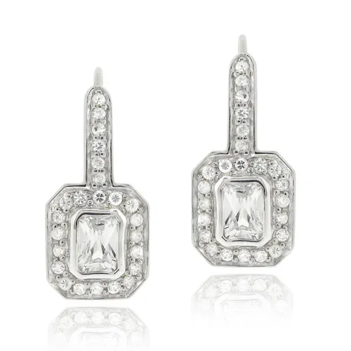 Sterling Silver CZ Rectangle Leverback Earrings - Grocery