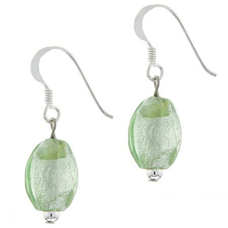 Sterling Silver Spring Green Glass Oval Glitter Foil Bead Dangle Earrings - Grocery