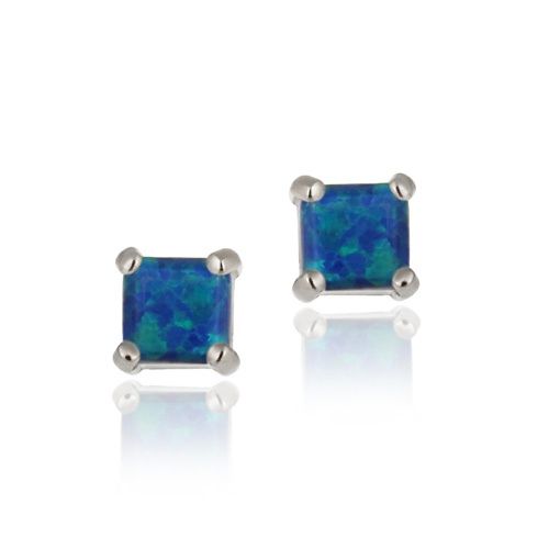 Sterling Silver 6mm Square Created Blue Opal Stud Earrings - Grocery