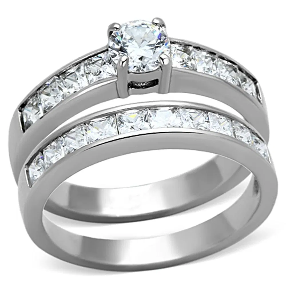 TK1321 - High polished (no plating) Stainless Steel Ring with AAA Grade CZ in Clear - Grocery