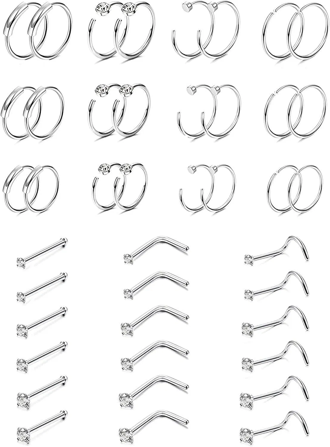 42PCS 22G Nose Ring Hoop Surgical Stainless Steel Piercing Bone L-Shaped Screw Labret Lip Nose Ring Hoop CZ Studs Body Piercing Jewelry 1.5-3mm - Grocery