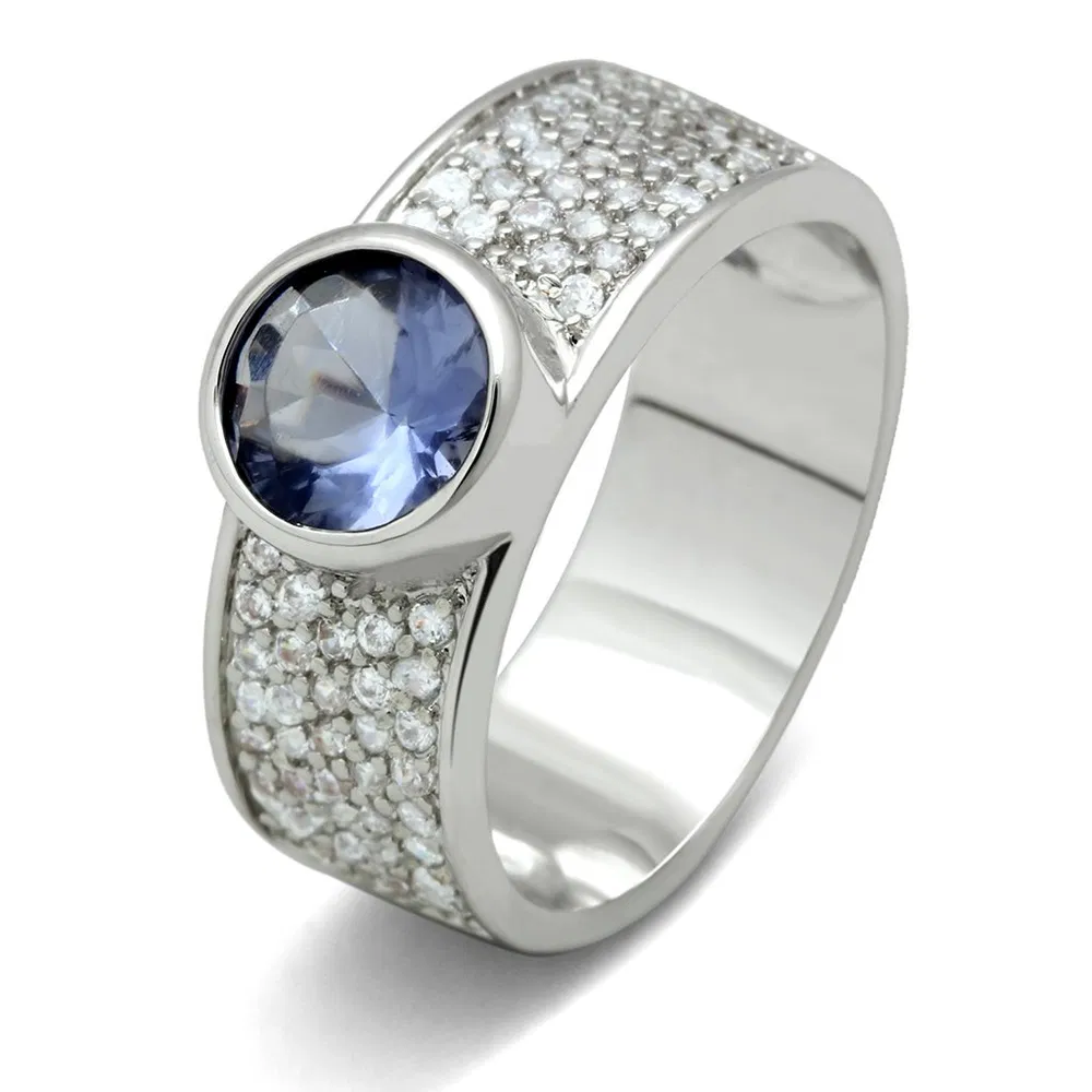3W146 - Rhodium Brass Ring with Synthetic Synthetic Glass in Light Sapphire - Grocery