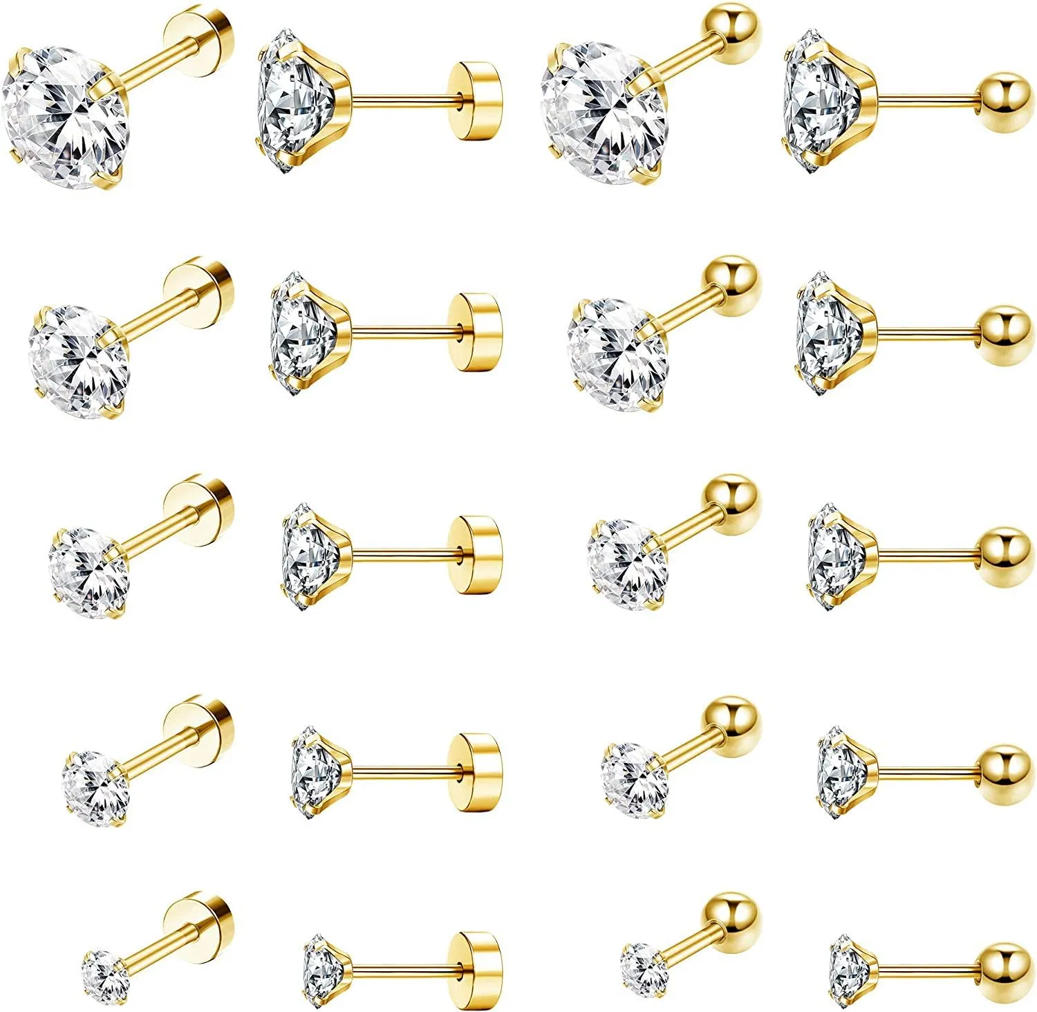 10 Pairs Stud Earring Set for Men Women Hypoallergenic Round Cubic Zirconia Earring 316L Stainless CZ Earrings Multi Piercing Ears - Grocery