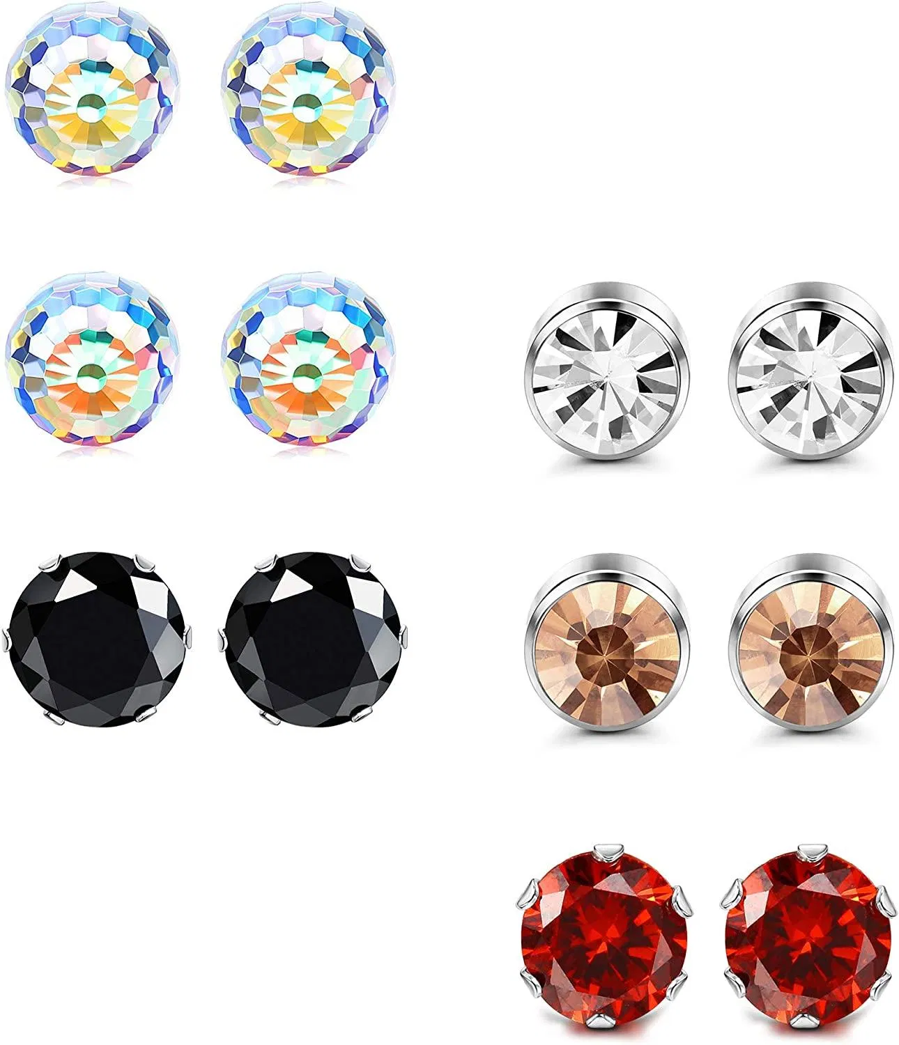6 Pairs Rhinestone Stud Earrings Set CZ Stainless Round Crystal Stud Earrings for Women (8MM) - Grocery
