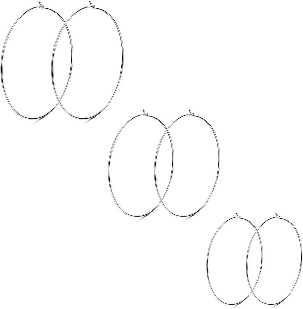 3Pairs Sterling Silver Thin Hoop Earrings 14K Gold Plated Small Hoop Earrings Round Big Customized Hoop Earrings Set for Women 38MM 50MM 64MM - Grocery