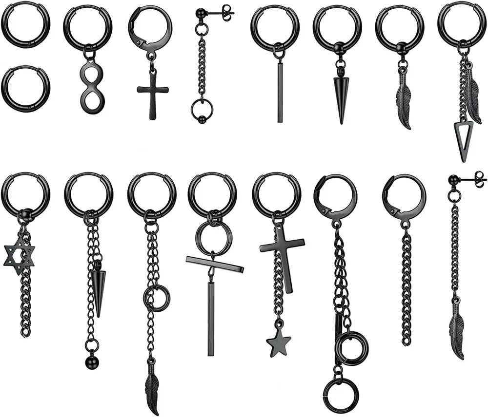 17 Pieces Hoop Dangle Earrings for Men Women Stainless Steel Cross Earrings Set Silver Chain Feather Star Hoop Earrings Punk Kpop Earrings - Grocery