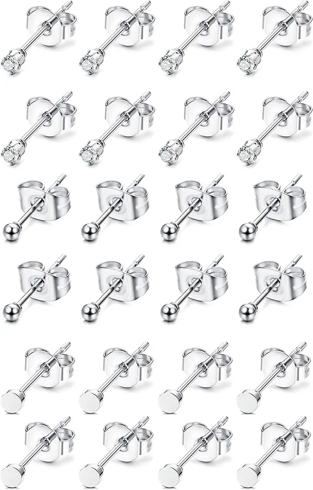 12Pairs Stainless Tiny CZ Stud Earrings for Men Women Small Disc Ball Earrings Set Cubic Zirconia Studs for Lip Tragus Cartilage Ear Piercing - Grocery