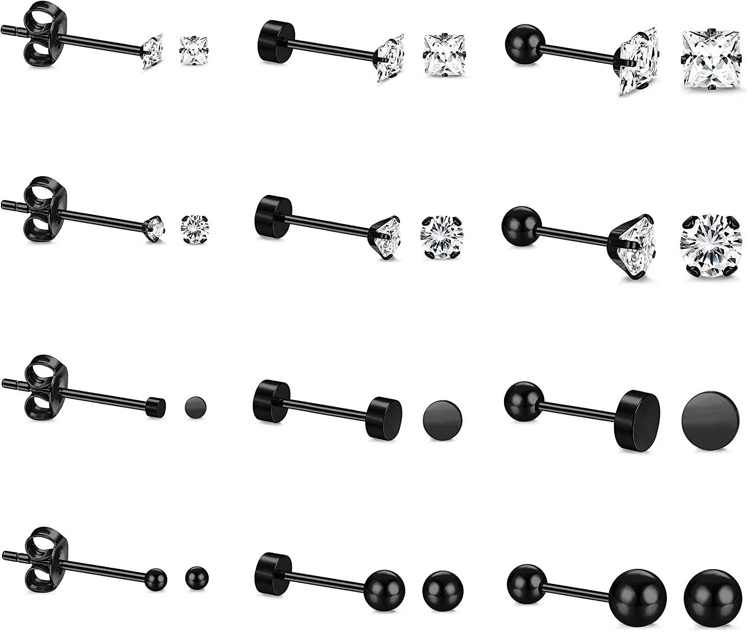 12 Pairs 316l Stainless Stud Earrings Set For Women Men Round Square Ball Cubic Zirconia Stud Earrings - Grocery