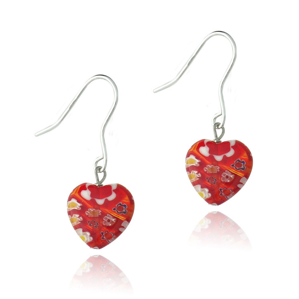 Sterling Silver Murano Glass Red Oval Flower Millefiori Heart Earrings Valentine's Day - Grocery