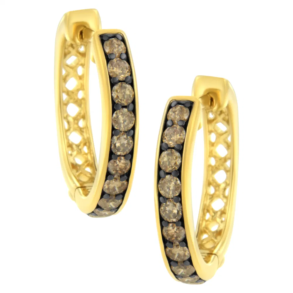 10K Yellow Gold and Black Rhodium Plated 1.0 Cttw Round-Cut Diamond Hoop Earrings (Champagne Color, I1-I2 Clarity) - Grocery