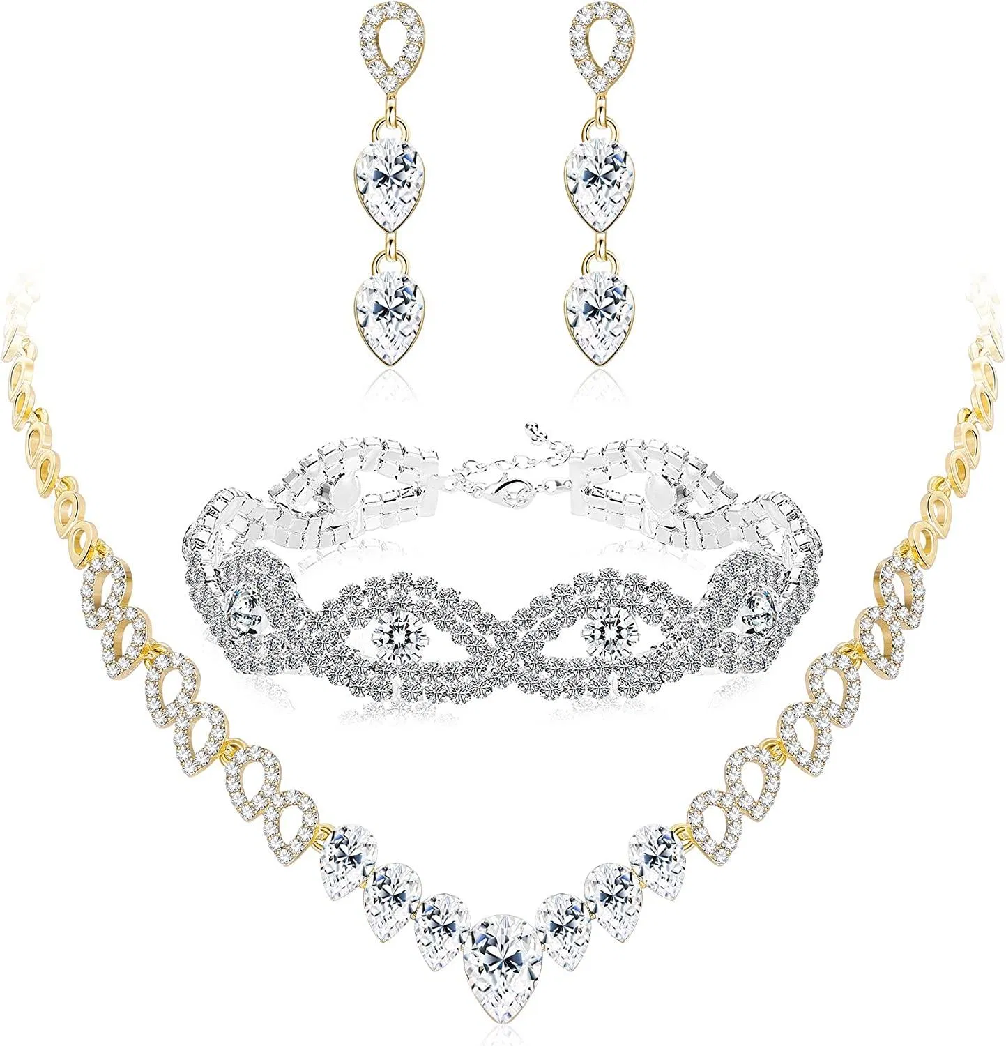 Crystal Bridal Set for Women Rhinestone Necklace Earrings Bracelet Wedding Bridesmaid Set - Grocery