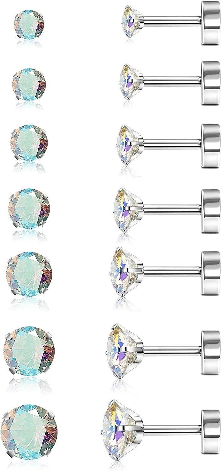 7 Pairs Tiny Stainless Cubic Zirconia Ear Stud Tragus Stud Earrings Set for Women Men Flat Back Screw Back 20G Ear Piercing Set 2mm-8mm - Grocery