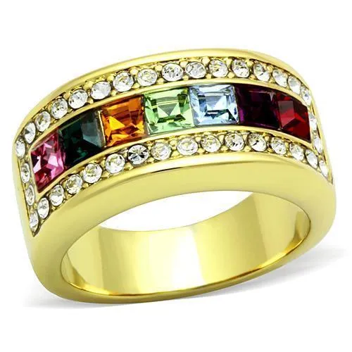 TK1402 - IP Gold(Ion Plating) Stainless Steel Ring with Top Grade Crystal in Multi Color - Grocery