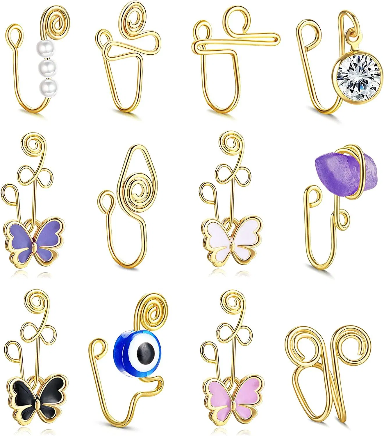 12PCS African Nose Cuff Non Piercing for Women; Adjustable Clip On Fake Nose Rings Evil Eye Crystal Pearl Nose Cuffs Ear Cuff Fake Piercings Jewelry - Grocery