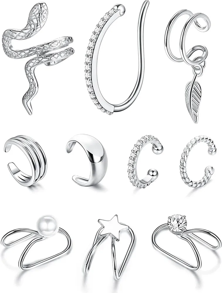 10Pcs Clip On Ear Cuffs for Women Men Gold Silver Dainty Cartilage Helix Ear Wrap Non Piercing Huggie Earring - Grocery