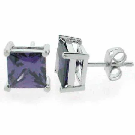 Sterling Silver Amethyst CZ Square Stud Earrings - Grocery