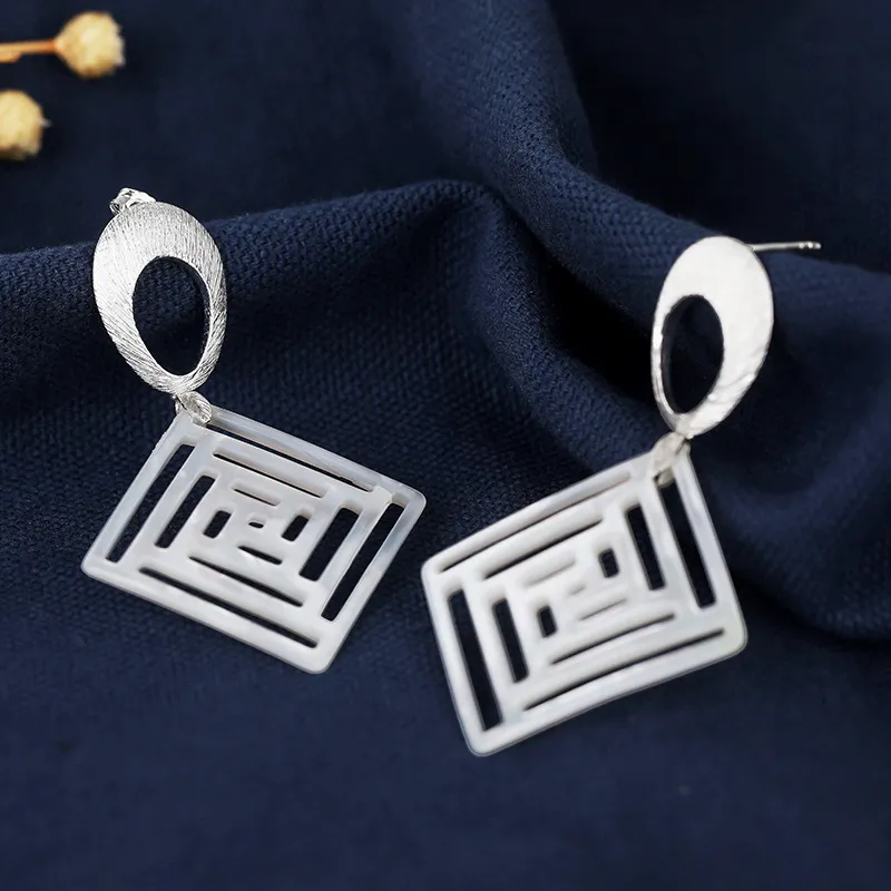 S925 Silver Natural Shell Earrings Retro Design Sense Square Earrings - Grocery