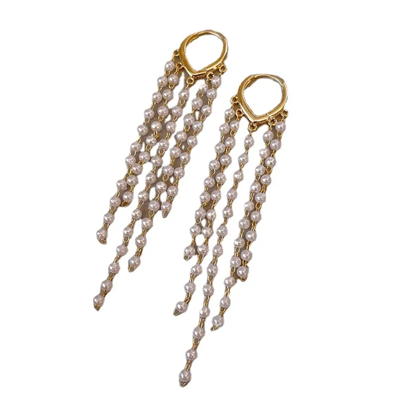 Pearl Long Tassel Earrings With Simple Design - Grocery