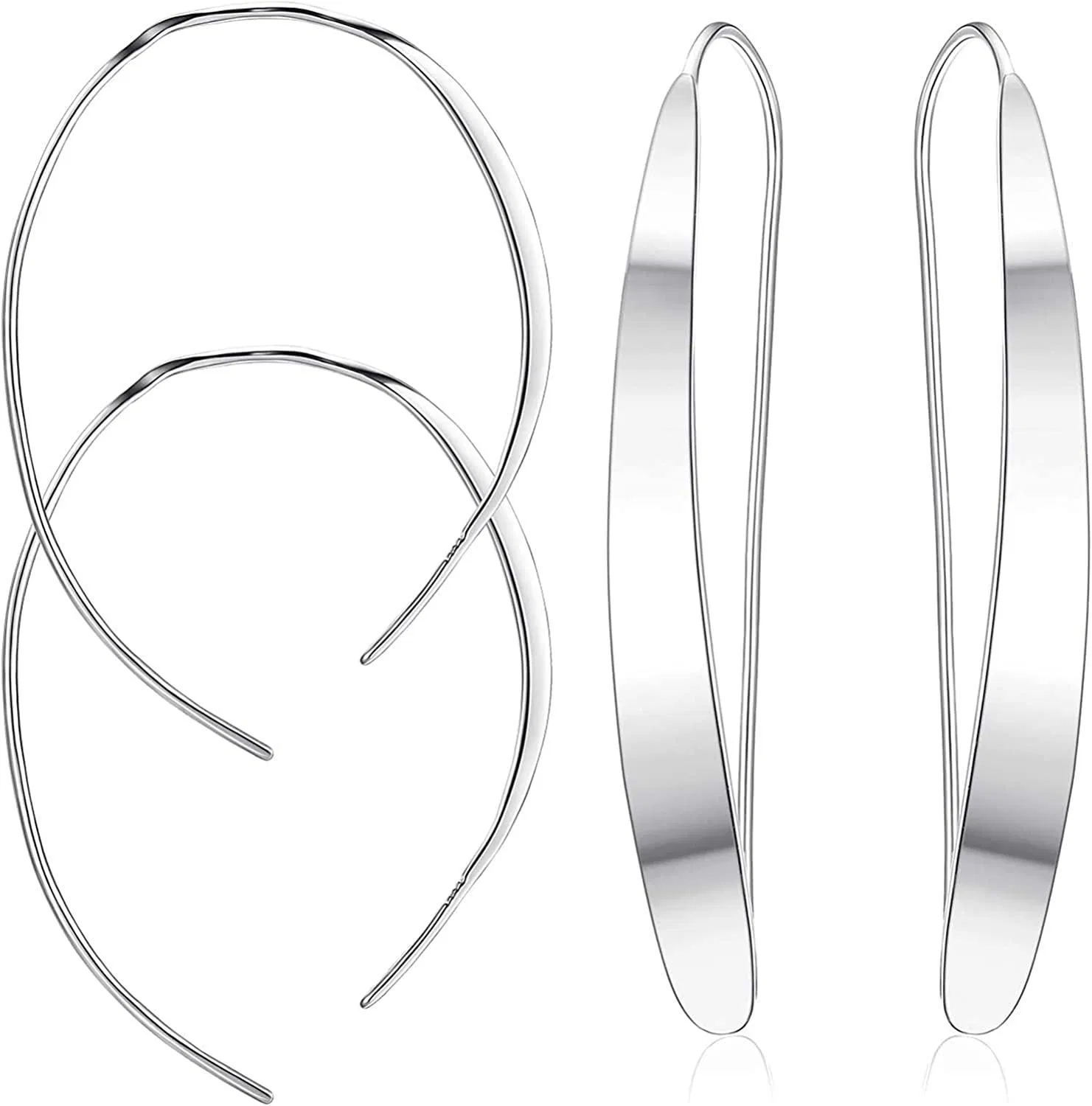 2Pairs Sterling Silver Drop Dangle Earrings High Polished Curved Flat Bar Earrings Lightweight Open Wire Dangle Threader Hoop Earrings for Women - Grocery