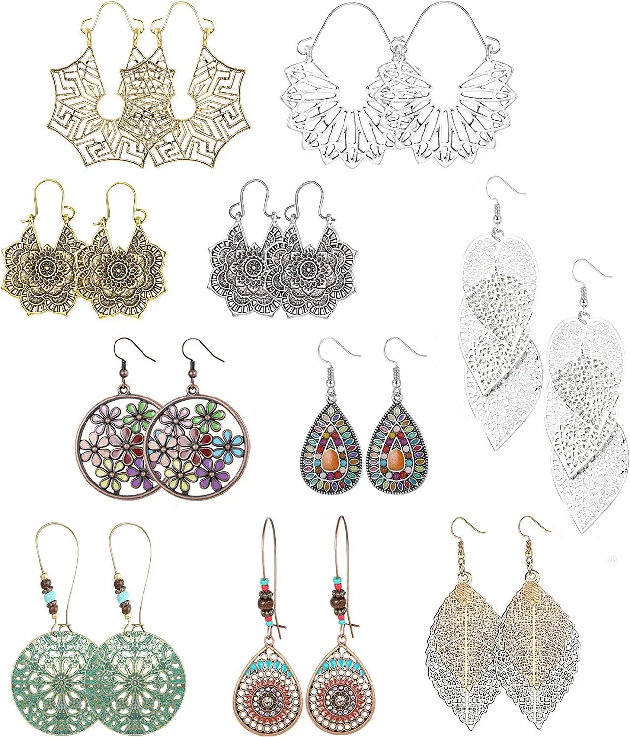 12 Pairs Boho Vintage Drop Dangle Earrings for Women Bohemian National Style Hollow Water Drop Earrings Set - Grocery