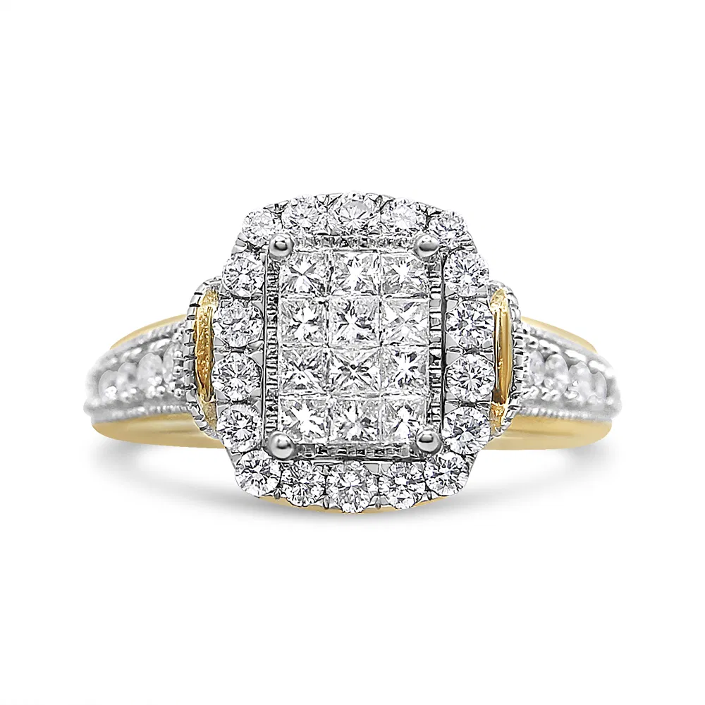 14K Yellow and White Gold 1.00 Cttw Princess and Round Cut Emerald Shaped Halo Diamond Cluster Ring (SI1-SI2 Clarity, H-I Color) - Grocery