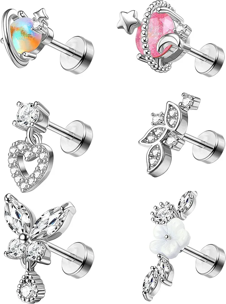 Stainless Front Spiral Pierced Stars Moon Butterfly Spiral Earrings Helix Cartilage Stud Pierced Jewelry - Grocery