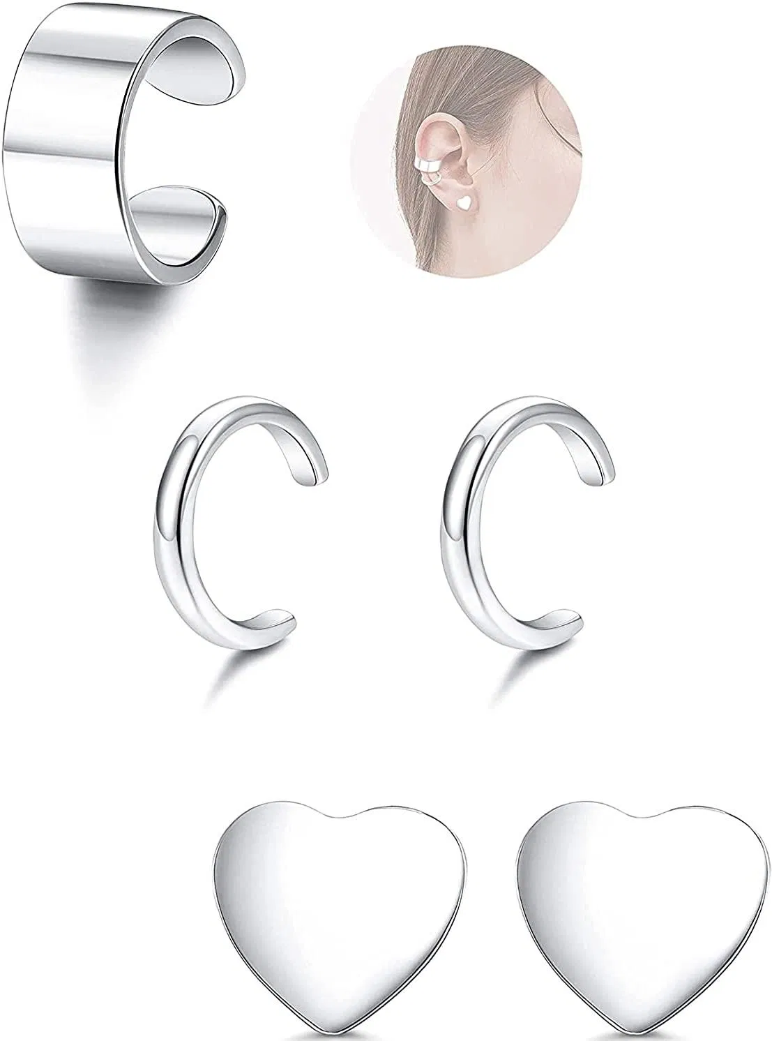 Sterling Silver CZ Ear Cuff Earrings for women Minimalist Fake Clip on Non Piercing Earring Adjustable Climber Cuff Earrings Set - Grocery