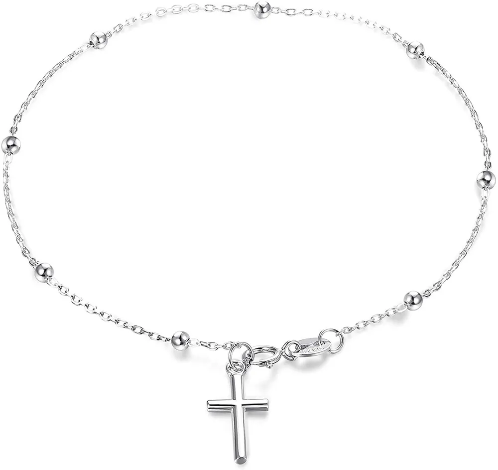 925 Sterling Silver Bracelet for Women Teen Charm Bracelet with Cross Pendant and Bead Rosary Bracelet Simple Religious Prayer Jewelry Gift - Grocery
