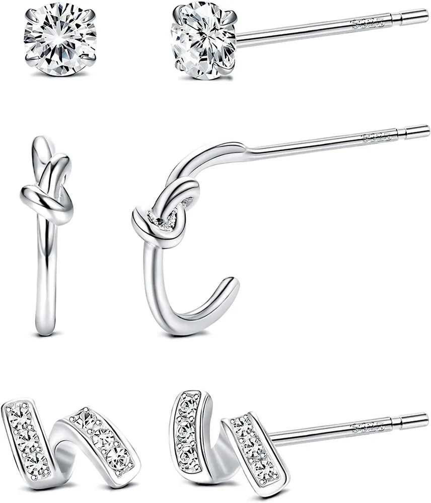 3 Pairs S925 Sterling Silver Stud Earrings Set For Women Cubic Zirconia Studs Earrings Cartilage Earring Stud Tiny Silver Stud Earrings For Woman - Grocery