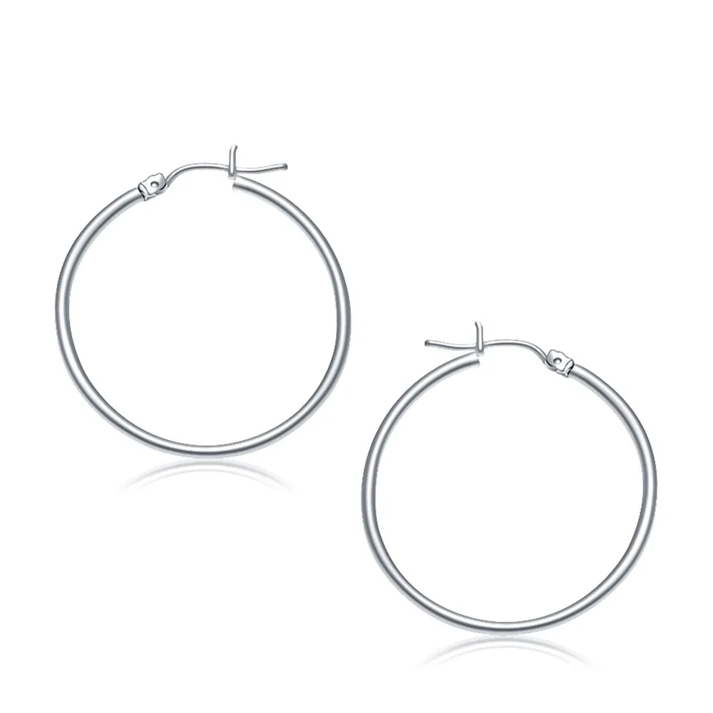 10k White Gold Polished Hoop Earrings (2x30 mm) - Grocery