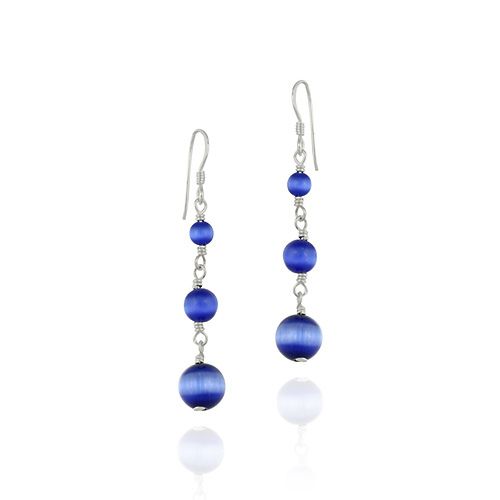 Sterling Silver Dark Blue Cats Eye Bead Dangle Earrings - Grocery