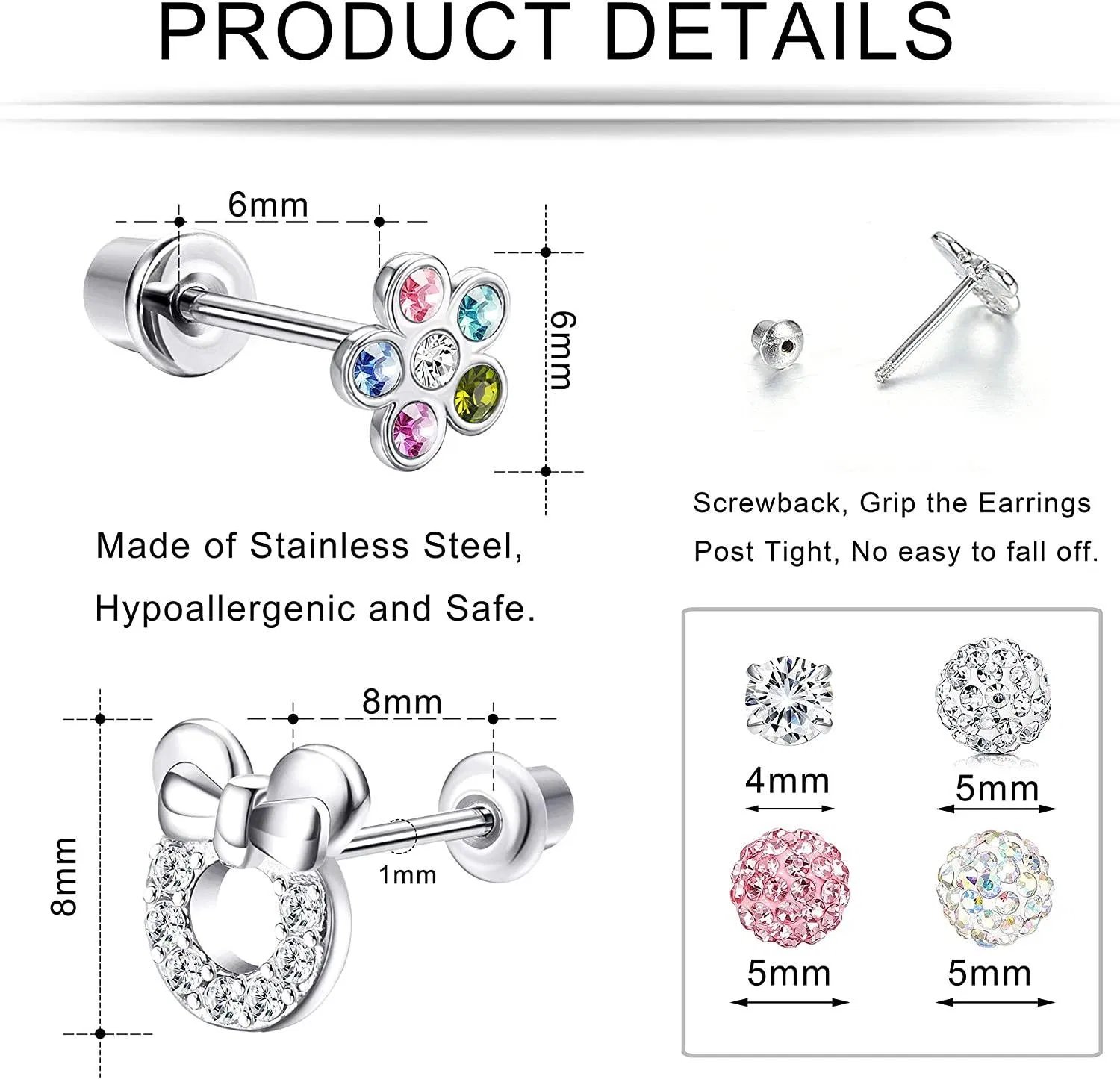 Screw Back Earrings for Women Teens Daisy Mouse Earrings Stud CZ Stainless Earrings Set Piercing Cartilage - Grocery
