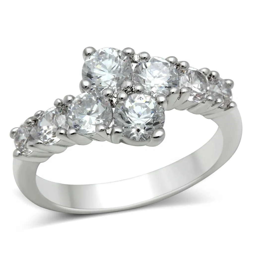 3W132 - Rhodium Brass Ring with AAA Grade CZ in Clear - Grocery