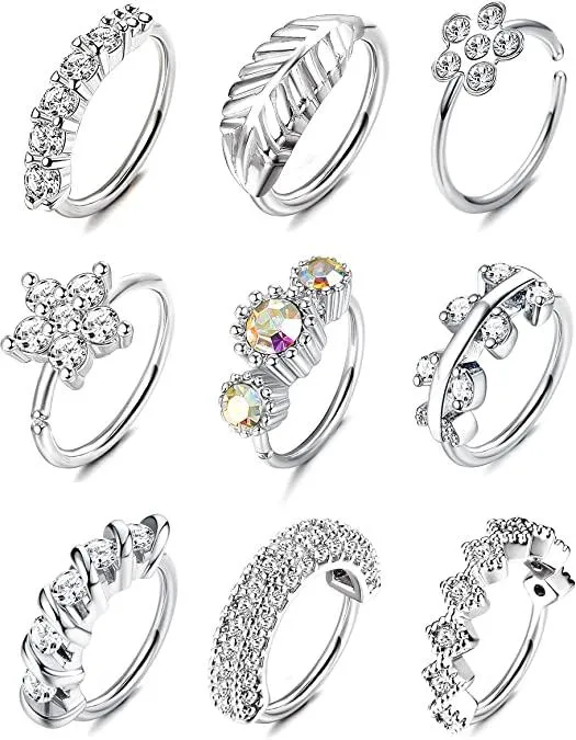 9Pcs 20G Stainless Nose Ring Hoop for Women Paved CZ Leaf Flower Cartilage Hoop Earring Nose Helix Piercing Hoop Ring Body Piercings - Grocery