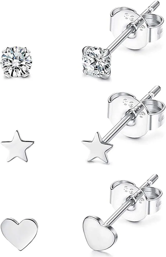 3 Pairs 925 Sterling Silver Stud Earrings for Women Cubic Zirconia Stud Earrings Cartilage Earrings Plated Tragus Helix Piercing - Grocery