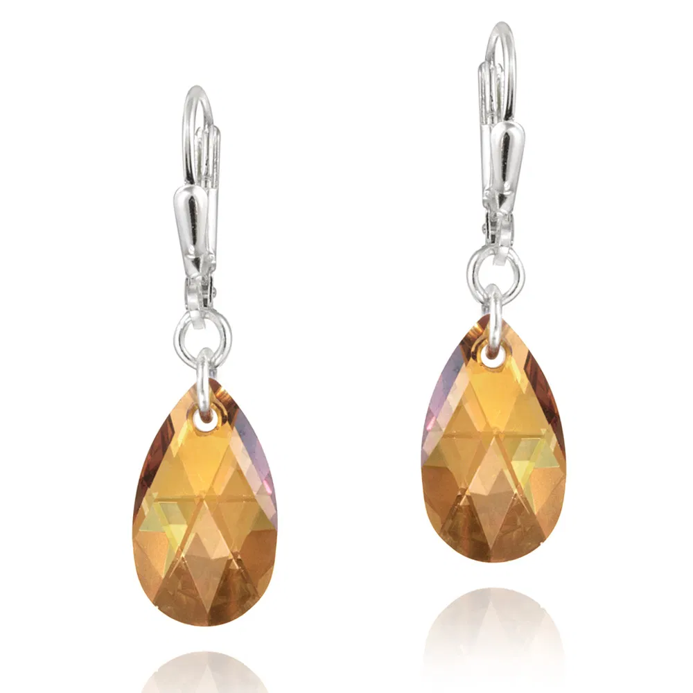 Sterling Silver Copper Swarovski Elements Teardrop Dangle Leverback Earrings - Grocery